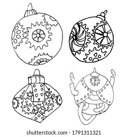 Set of Christmas toys from gears and cogs. Collection of Ball in steampunk style isolated on a white background. Vector illustration in sketch style. linear pattern. Coloring pages for children