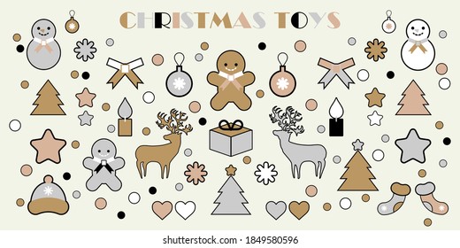 Set: Christmas toys. Happy new Year's holiday. Gold, silver, white, and black colors. Vector illustration for web design or print.