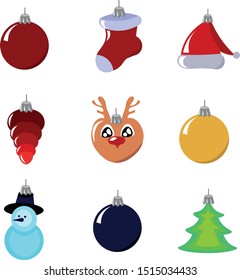 Set of Christmas toys. Multi-colored balls and figures. Decor for the party. Design for posters, banners, flyers.
