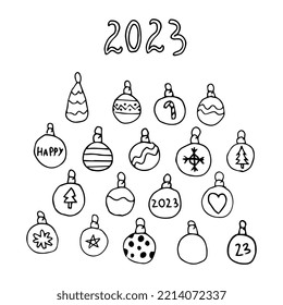 A set of Christmas toys for the new year. Christmas tree decoration. Vector illustration. Coloring.