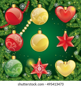 A set of Christmas toys. New Year decoration. Vector illustration for a card or poster. Set of design elements.