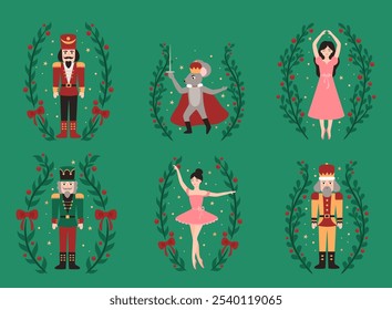 Set of Christmas toys. Nutcrackers, mouse, ballerinas. Flat vector illustration.