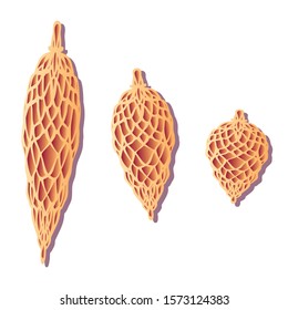 Set of Christmas toys. Orange carved Christmas tree toys.