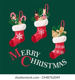 set of Christmas toys in red christmas socks on green background. Inscription Merry Christmas! Vector greeting card