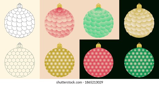 Set of Christmas toys, template in black and white and decorated Christmas balls, for postcards, illustrations, backgrounds, packaging paper