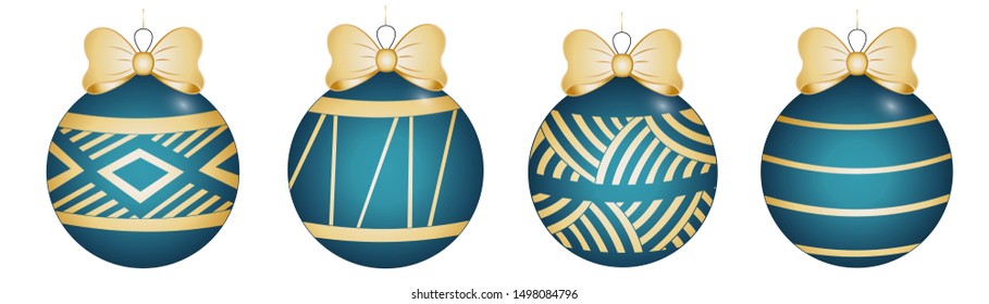 Set of Christmas toys turquoise with a geometric pattern in gold color and bows