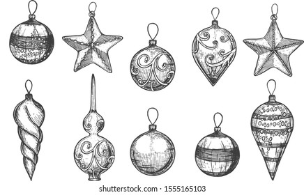Set of Christmas toys. Vector graphics. Hand drawing. Christmas tree decorations.