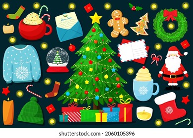 Set of Christmas traditional elements including Santa, gifts and wreath. Vector illustration flat.