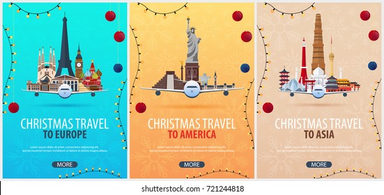 Set of Christmas Travel posters to America, Europe, Asia. Winter travel. Vector illustration