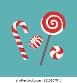 Set of Christmas treats: candy, lollypop, stick. Vector illustration in flat cartoon style.