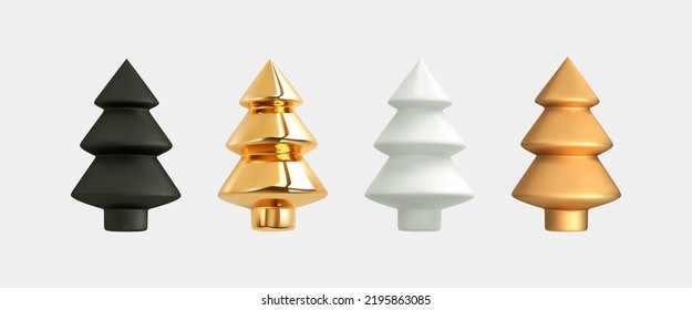 Set Christmas tree 3d isolation in cartoon style. Gold, white and black holiday decorations. Glossy New year and xmas abstract tree shapes. Vector realistic elements,top view