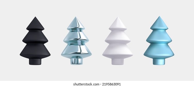 Establece el aislamiento 3d del árbol de Navidad en estilo de caricatura. Decoración azul, blanco y negro para las vacaciones. El año nuevo brillante y las formas abstractas de árbol de navidad. Elementos vectores realistas, vista superior