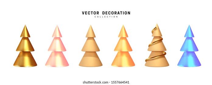 Set of Christmas tree. 3d render collection of golden and beige sharp cone shapes, abstract decorative. Xmas object isolated on white background