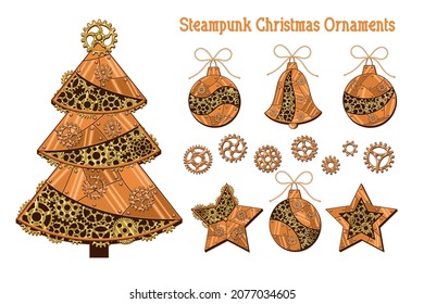 Set of christmas tree, ball, star, bell, gears made of shiny copper metal plates, gold gears, cogwheels, rivets in steampunk style. Isolated on white. Vector illustration.