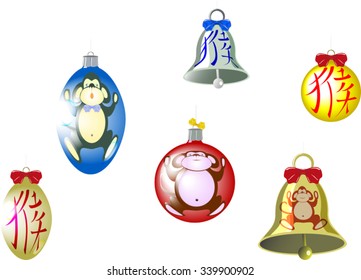 Set of Christmas tree balls and a bell with a monkey and hieroglyph. EPS10 vector illustration.