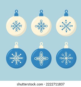 Set of Christmas tree balls in cool colors. Christmas tree decorations with snowflakes. New Year illustration in a flat style. Vector image.