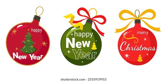 A set of Christmas tree balls with greetings.