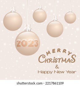 Set of Christmas tree balls hang on ribbons with a bows on pastel background with snowflakes. Merry Christmas card for the year 2023. Vector illustration for New Year, Xmas and winter holidays