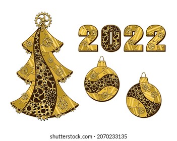 Set of christmas tree, balls, numbers 2022 made of shiny brass, gold metal plates, gears, cogwheels, rivets in steampunk style. Good for making greeting cards,  Vector illustration. 