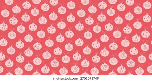 Coloca bolas de árbol de Navidad. Patrón sin fisuras. Copos de nieve, muñeco de nieve y árbol de Navidad. Dibujo de Doodle. Fondo de pantalla de año Nuevo, decoración para embalaje de vacaciones y textiles. Fondo de Vector de invierno.