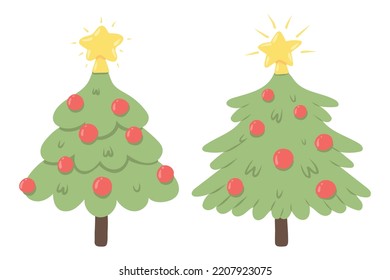 Juego de árbol de Navidad con bolas y una estrella. Símbolo del nuevo año. Colección de elegantes árboles de Navidad. Estilo de dibujo. ilustración vectorial.
