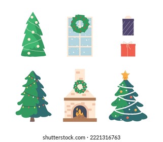 Coloca el árbol de Navidad con bolas, Estrella y Garlands, chimenea con fuego en llamas, colcha de corona en la ventana, cajas de regalo. Decoración de Navidad y Año Nuevo aislada en fondo blanco. Ilustración del vector de dibujos animados