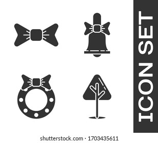 Set Christmas tree, Bow tie, Christmas wreath and Merry Christmas ringing bell icon. Vector