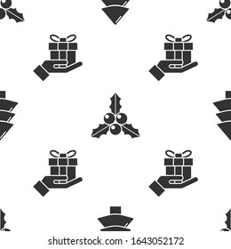 Set Christmas tree, Branch viburnum or guelder rose and Gift box in hand on seamless pattern. Vector