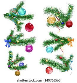 Set of Christmas tree branches with balls and serpentine