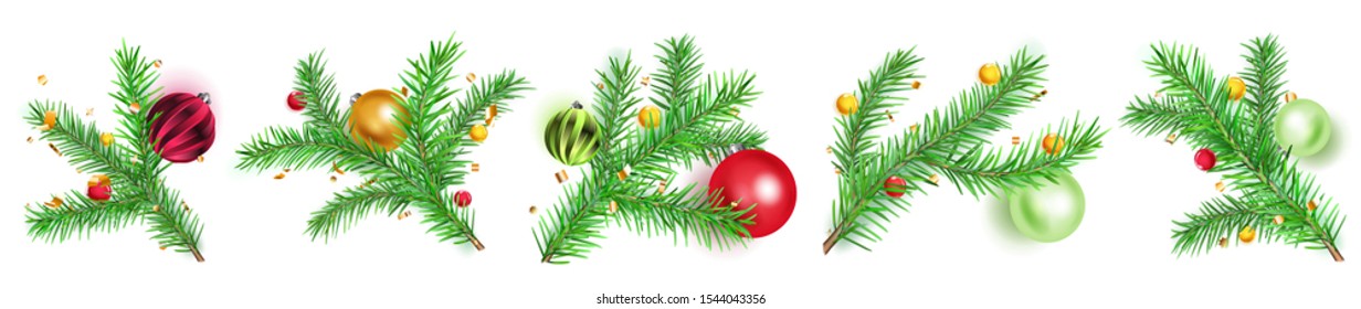 Set of Christmas tree branches with balls and pieces of serpentine on white background