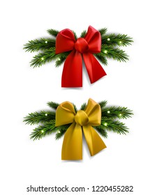 Set of christmas tree branches with bow. Christmas and new year decoraton. Red and gold bow