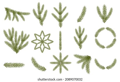 Set of christmas tree branches. New year spruce branch design elements for social media templates, posts, stories, postcard, card, banner,greeting.