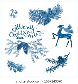 Set of Christmas tree branches with pine cones in blue on white background. Vector elements for design.
