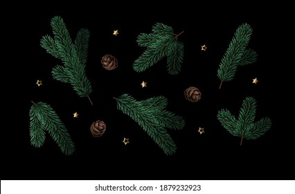 Set of Christmas tree branches, pine cones and stars on black background. Vector illustration.