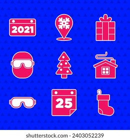 Set Christmas tree, Calendar, stocking, Merry house, Ski goggles, Gift box and  icon. Vector