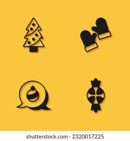 Set Christmas tree, Candy, ball and mittens icon with long shadow. Vector