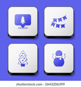 Set Christmas tree, Carnival garland with flags,  and snowman icon. White square button. Vector