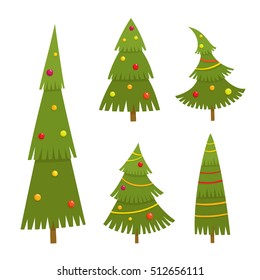 Set of christmas tree in cartoon style, vector illustration isolated on white background. Different green fir trees with balls and garlands used for magazine or book, poster and card, web pages.