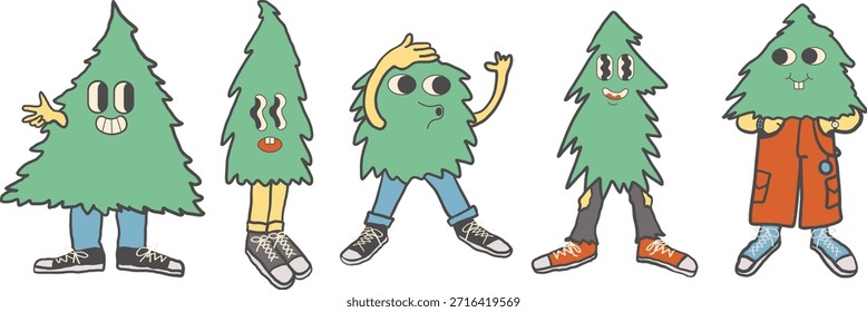 Conjunto de personajes de árbol de Navidad en estilo doodle en Vector. Elementos para diseño de pegatinas postales