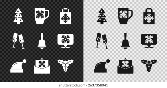 Set Christmas tree, Coffee cup with snowflake, shopping bag, Santa Claus hat, postcard, Branch viburnum, Glass champagne and Merry ringing bell icon. Vector
