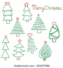 Set of christmas tree.  Concept of happy merry christmas. Doodle elements.