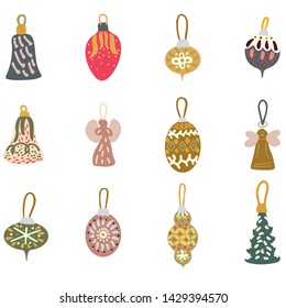 Set of Christmas tree decor balls color illustration. Hand drawn clipart. Flat style illustration. Greeting card, poster, design element. Vector