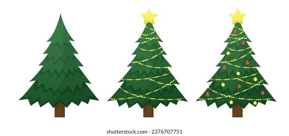 Set of christmas tree decorated with star, balls,lights and without decorations. Vector illustration isolated on white background.