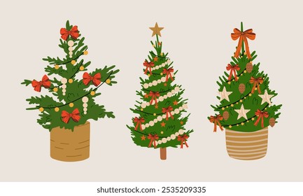 Set of Christmas tree decorated. Template for greeting card, banner, invitation.	