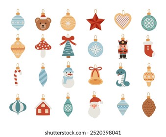 Set of Christmas tree decoration: balls, Santa Claus, bear, nutcracker, star, bell, snowman, snowflake, snake. Xmas ornaments. Hand drawn vector illustration