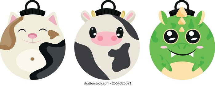 set christmas tree decoration bauble icon with white cow, white cat and green dragon, for various textiles, posters or banners	