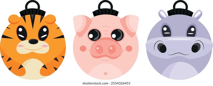 set christmas tree decoration bauble icon with orange tiger, pink pig and violet hippo, for various textiles, posters or banners	