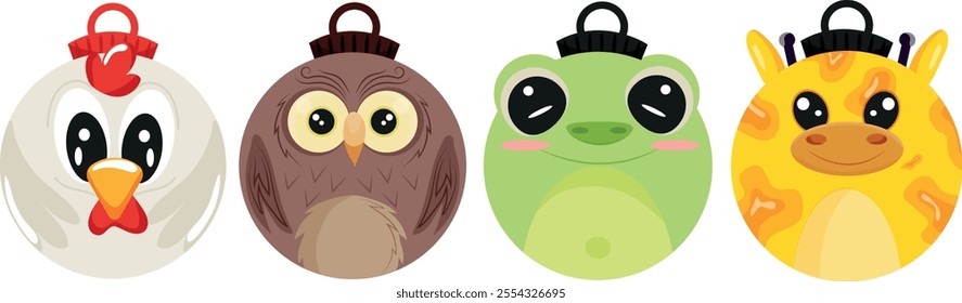 set christmas tree decoration bauble icon with brown owl, green frog, white rooster and yellow giraffe, for various textiles, posters or banners