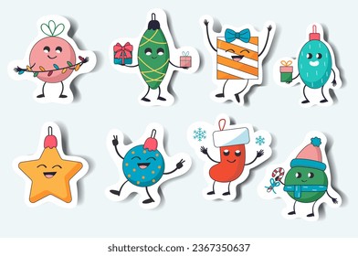 Set of Christmas tree decoration in cartoon design. Charming set of flat design illustrations in a sticker-style format, featuring cute funny decorations. Vector illustration.