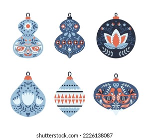 Set Christmas Tree Decoration in Traditional Scandinavian Folk Style. Xmas Baubles and Toys Cute Funny Decor Isolated on White Background. Cartoon Vector Illustration, Icon, Clip Art